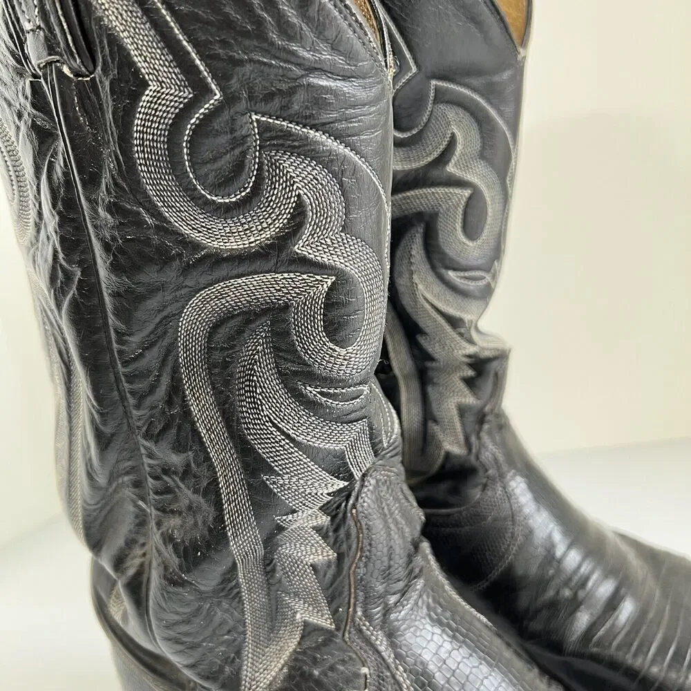 TONY LAMA MEN'S BLACK LEATHER & LIZARD WESTERN BOOTS Size 9 D USA MADE